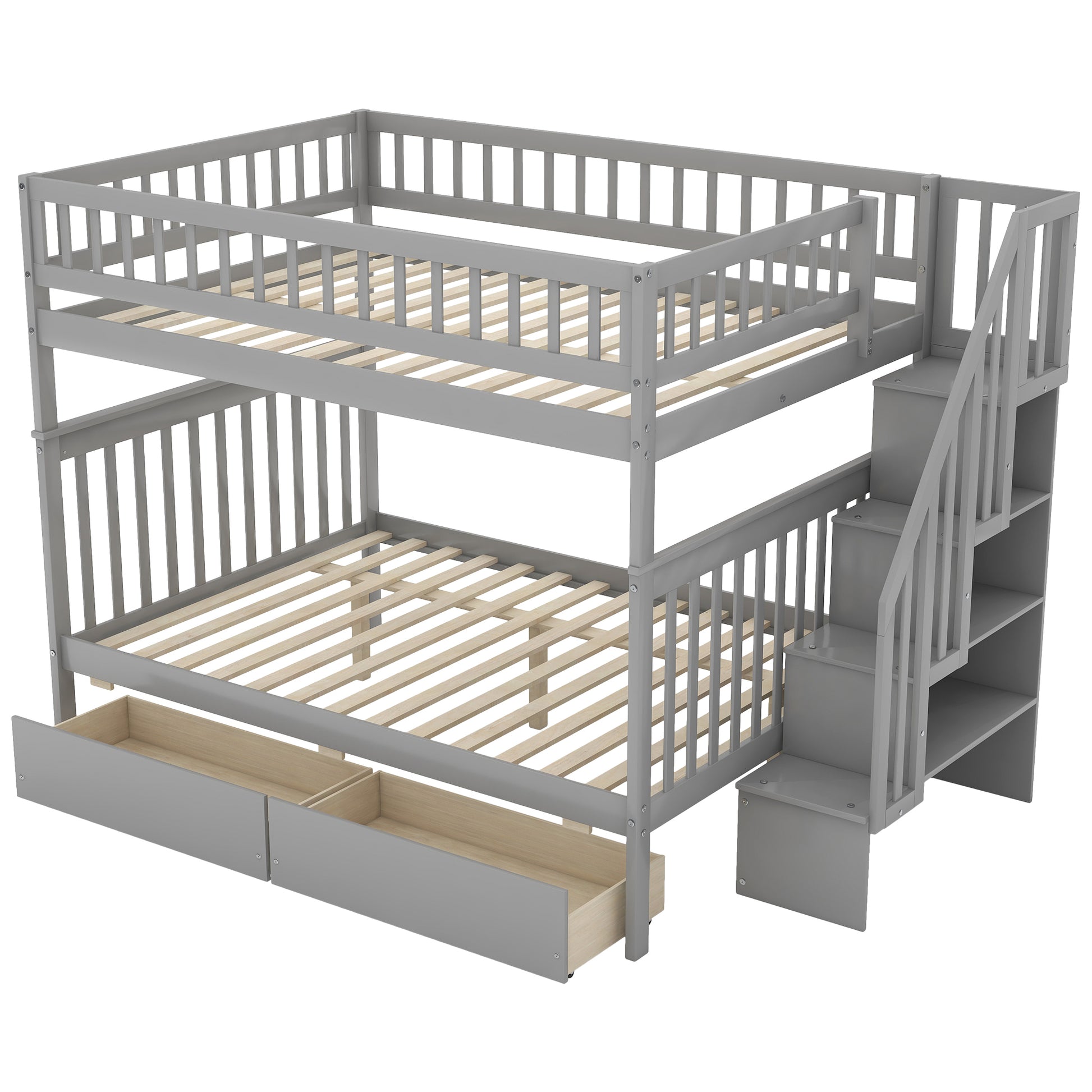 WM Store Full over Full Bunk Bed with Two Drawers and Storage, Gray