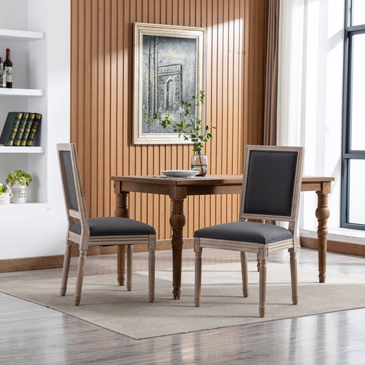 WeeHaa French Style Solid Wood Frame Antique Linen Fabric Square Back Dining Chair Set of 2