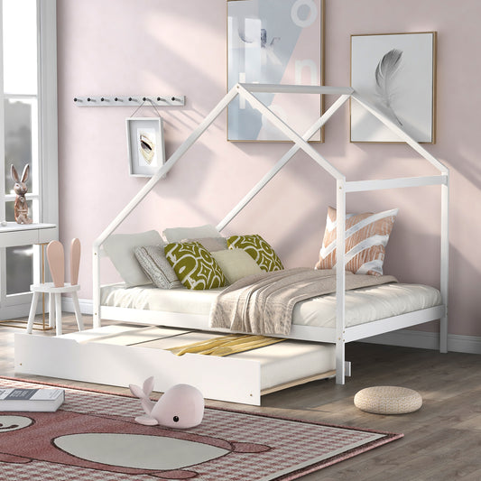 Full Size Wooden House Bed With Twin Size Trundle, White