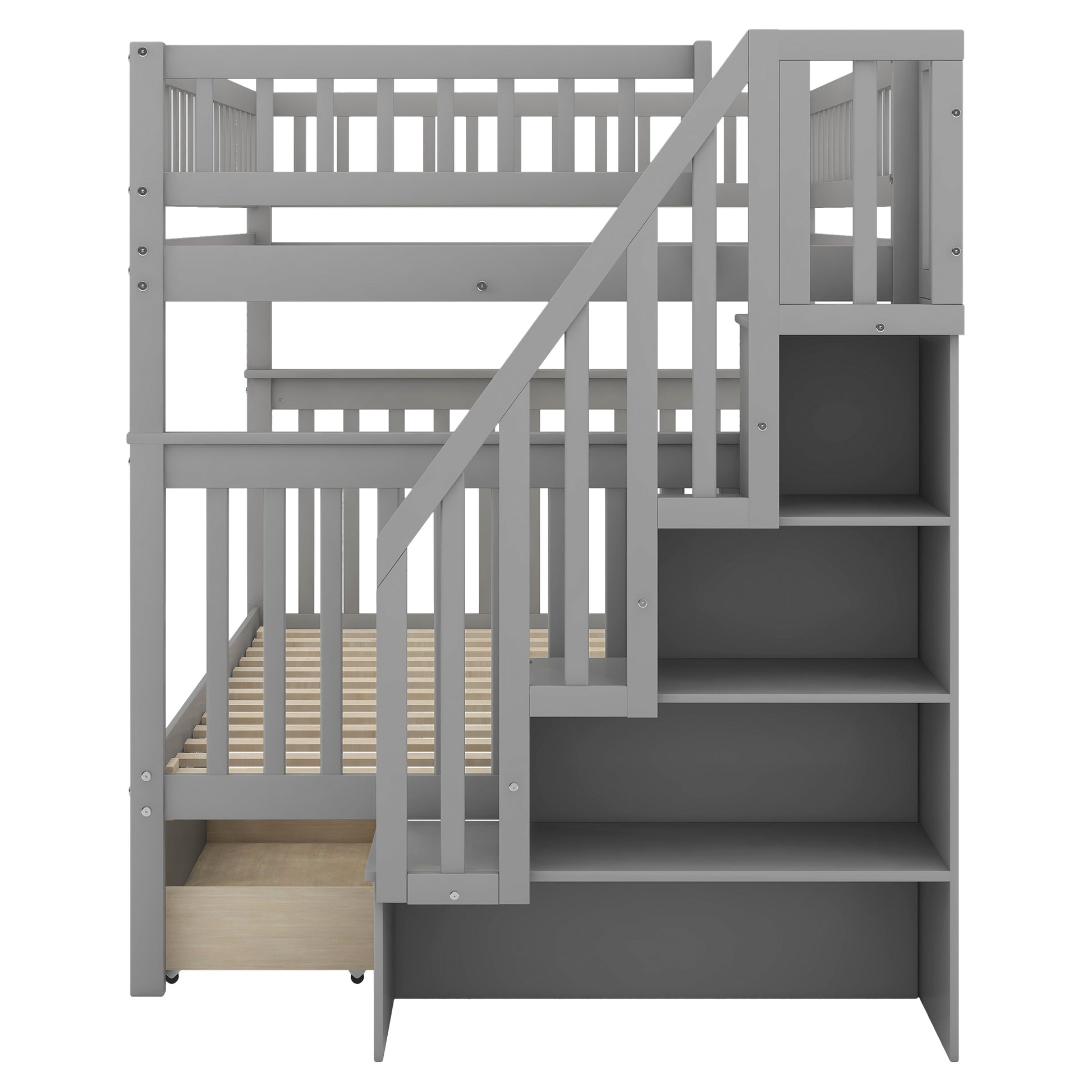 WM Store Full over Full Bunk Bed with Two Drawers and Storage, Gray