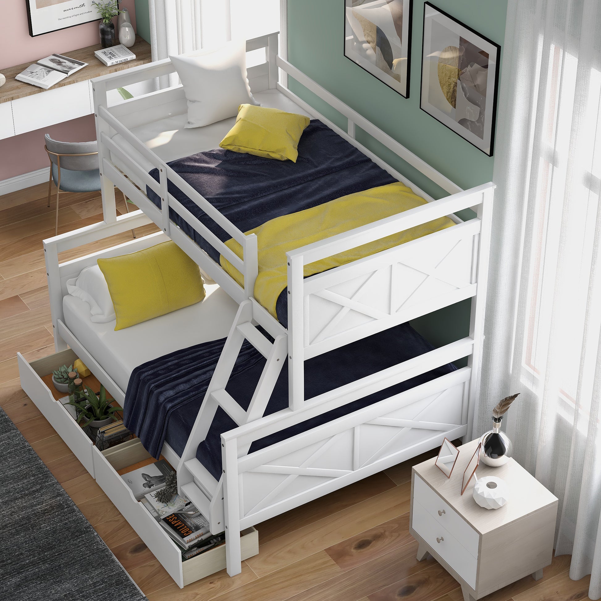 Twin over Full Bunk Bed with Ladder & Storage in White