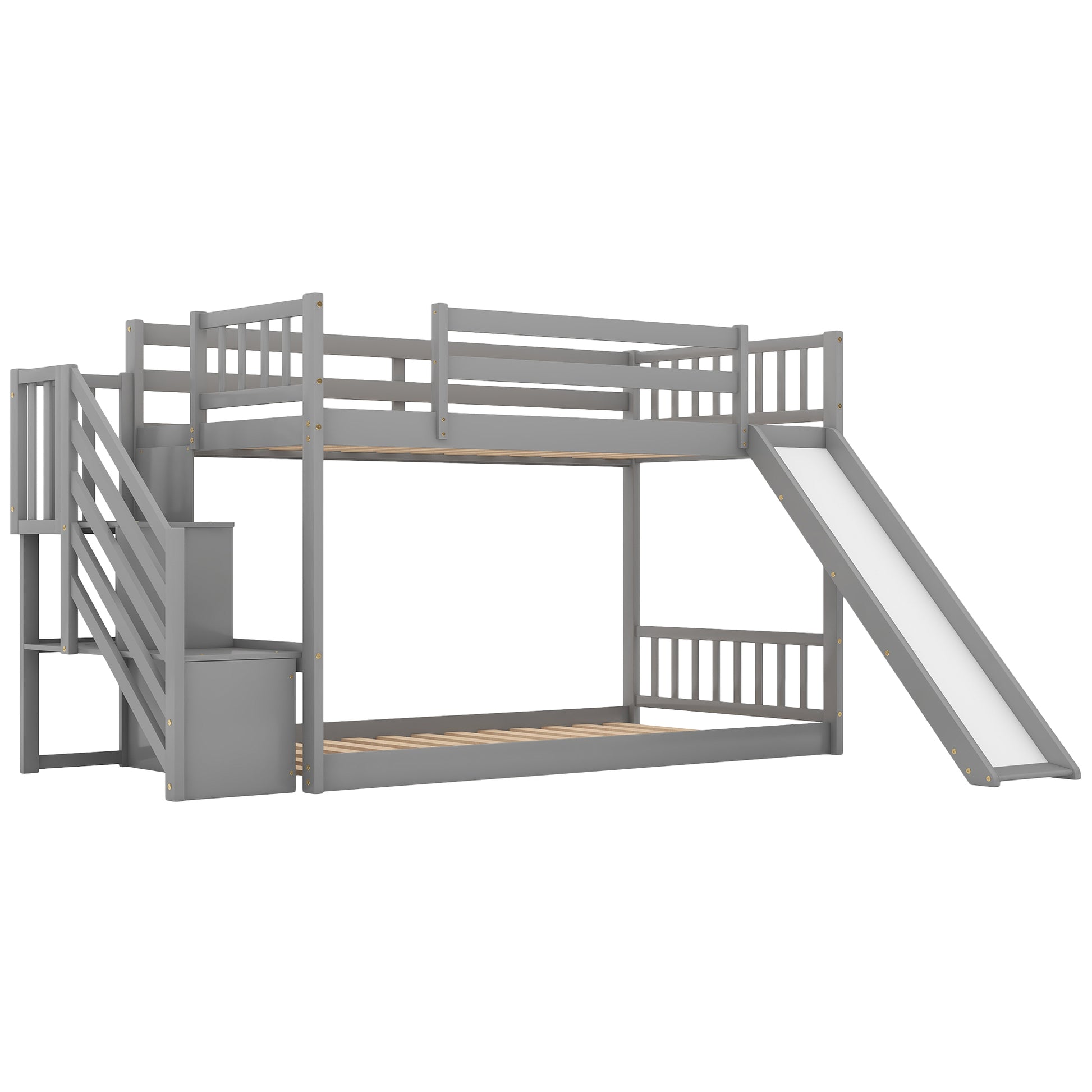 Twin over Twin Bunk Bed with Convertible Slide and Stairway, Gray