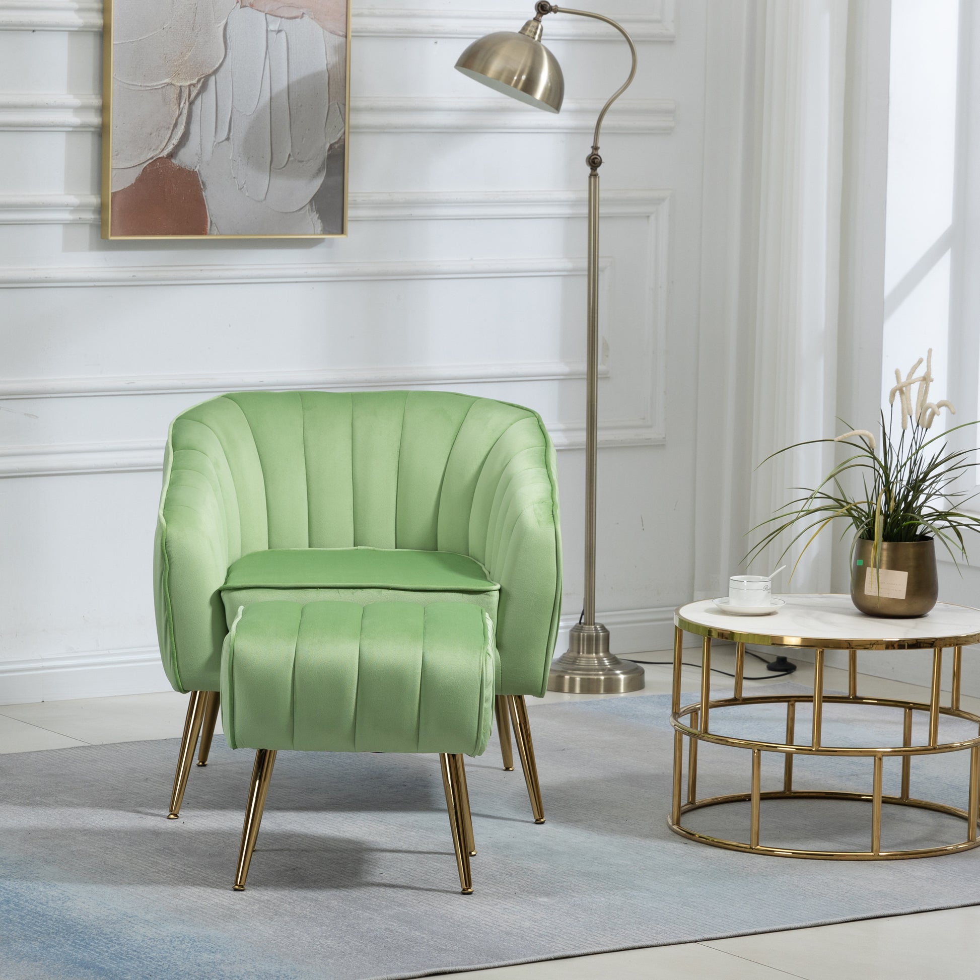 Velvet Accent Chair with Ottoman Set in Green