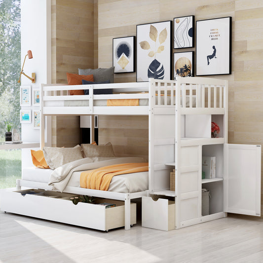 WM Store Twin over Full/Twin Bunk Bed, Convertible Bottom Bed, Storage Shelves and Drawers, White