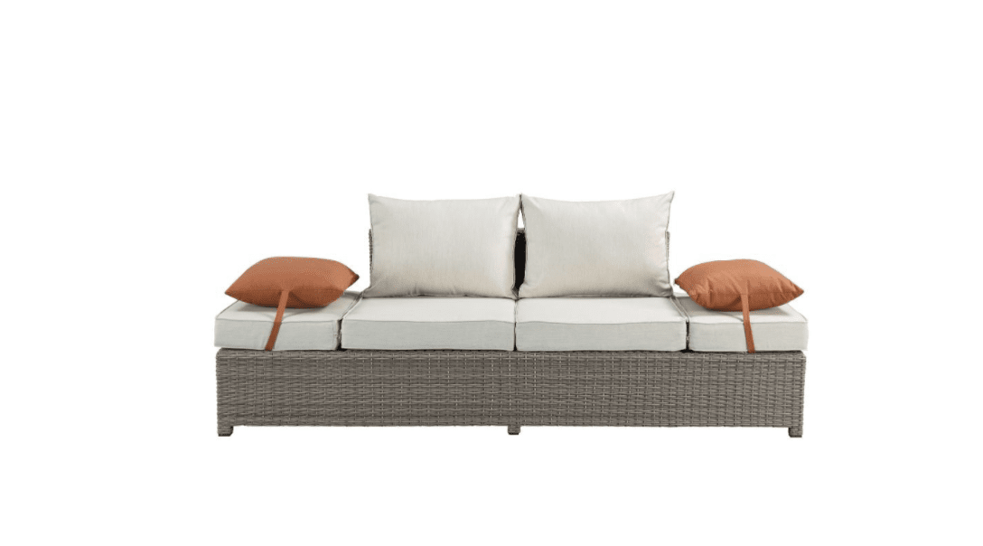 ACME Salena Patio Sofa & Ottoman w- Pillows - 45015 - Beige Fabric & Gray Wicker