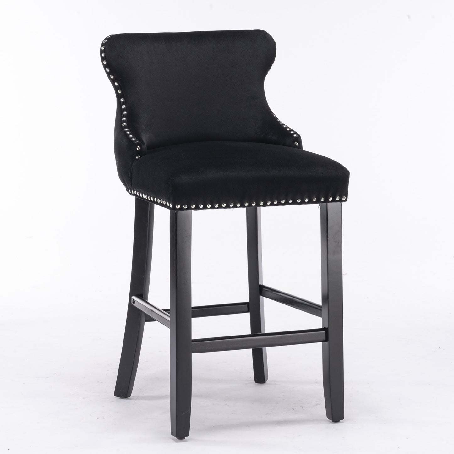 Contemporary Black Velvet Upholstered Wing-Back Counter Height with Button Tufted Decoration and Wooden Legs Set of 2