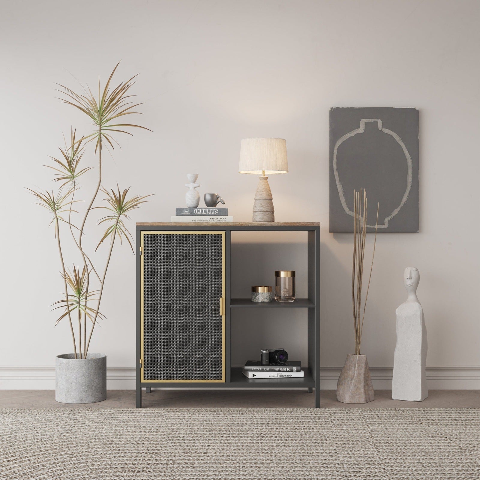 Modern 31.69” Sideboard Cabinet in Dark Gray & Gold