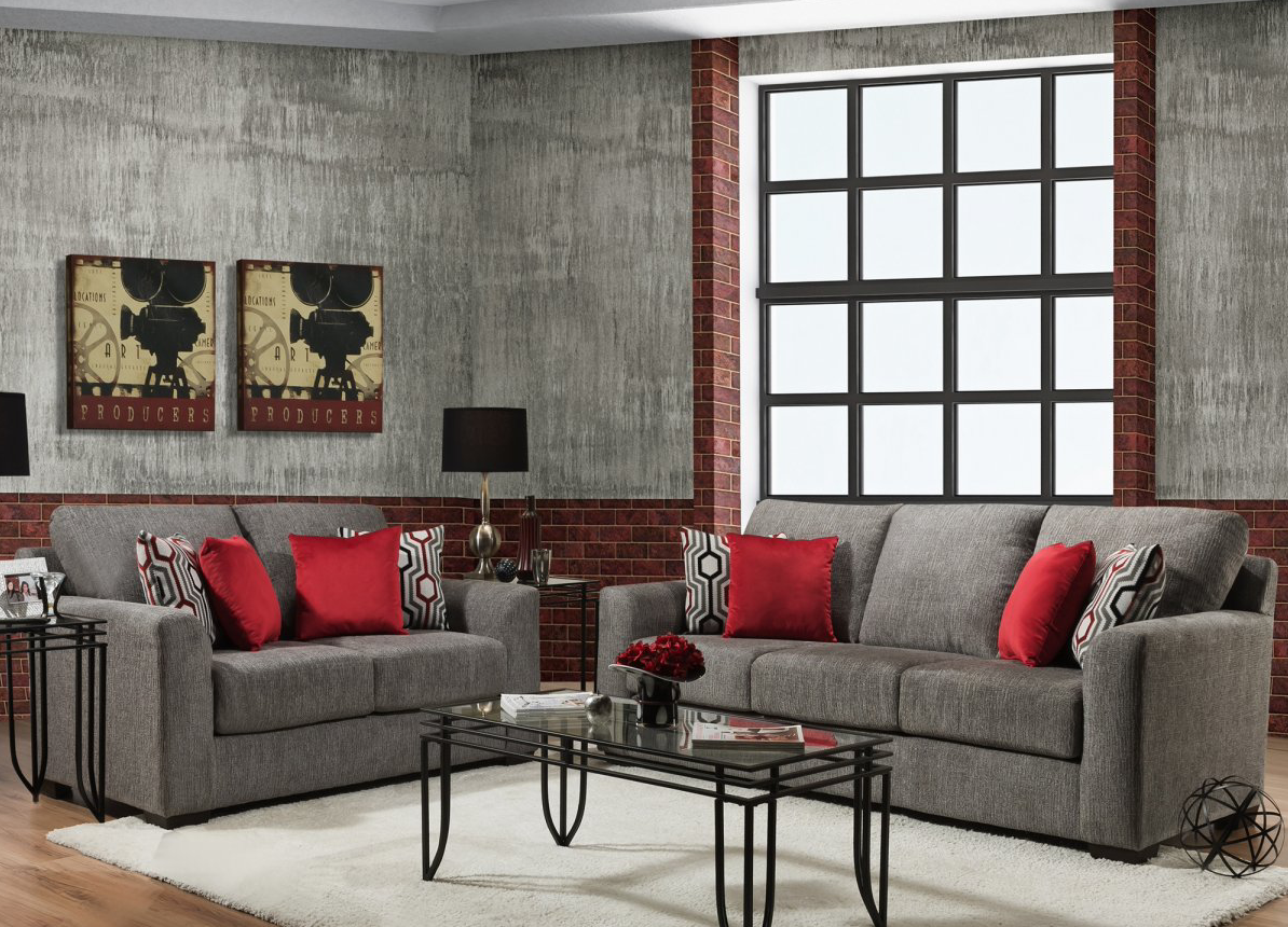 Reed Transitional Sofa & Loveseat Set in Charcoal