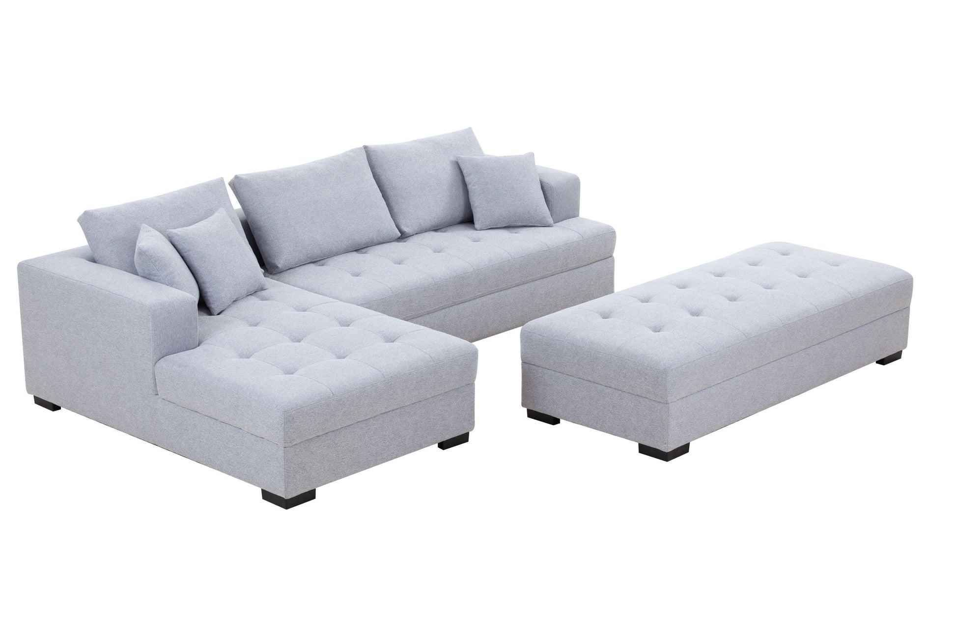 Tufted Fabric 3-Seat L-Shape Sectional Sofa Couch Set w/Chaise Lounge, Ottoman Coffee Table Bench, Light Grey