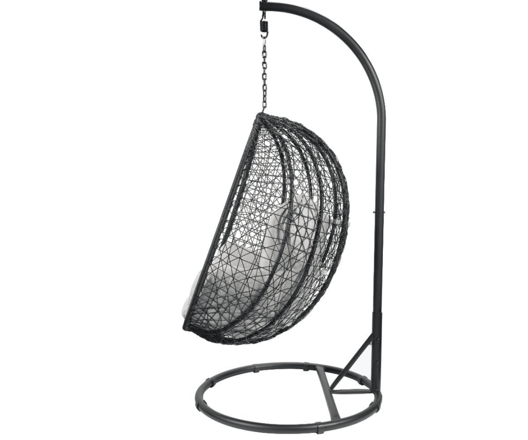 ACME Simona Patio Swing Chair with Stand - 45030 - Beige Fabric & Black Wicker