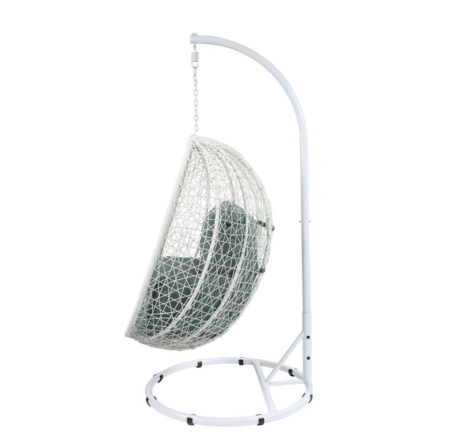 ACME Simona Patio Swing Chair with Stand - 45032 - Green Fabric & White Wicker