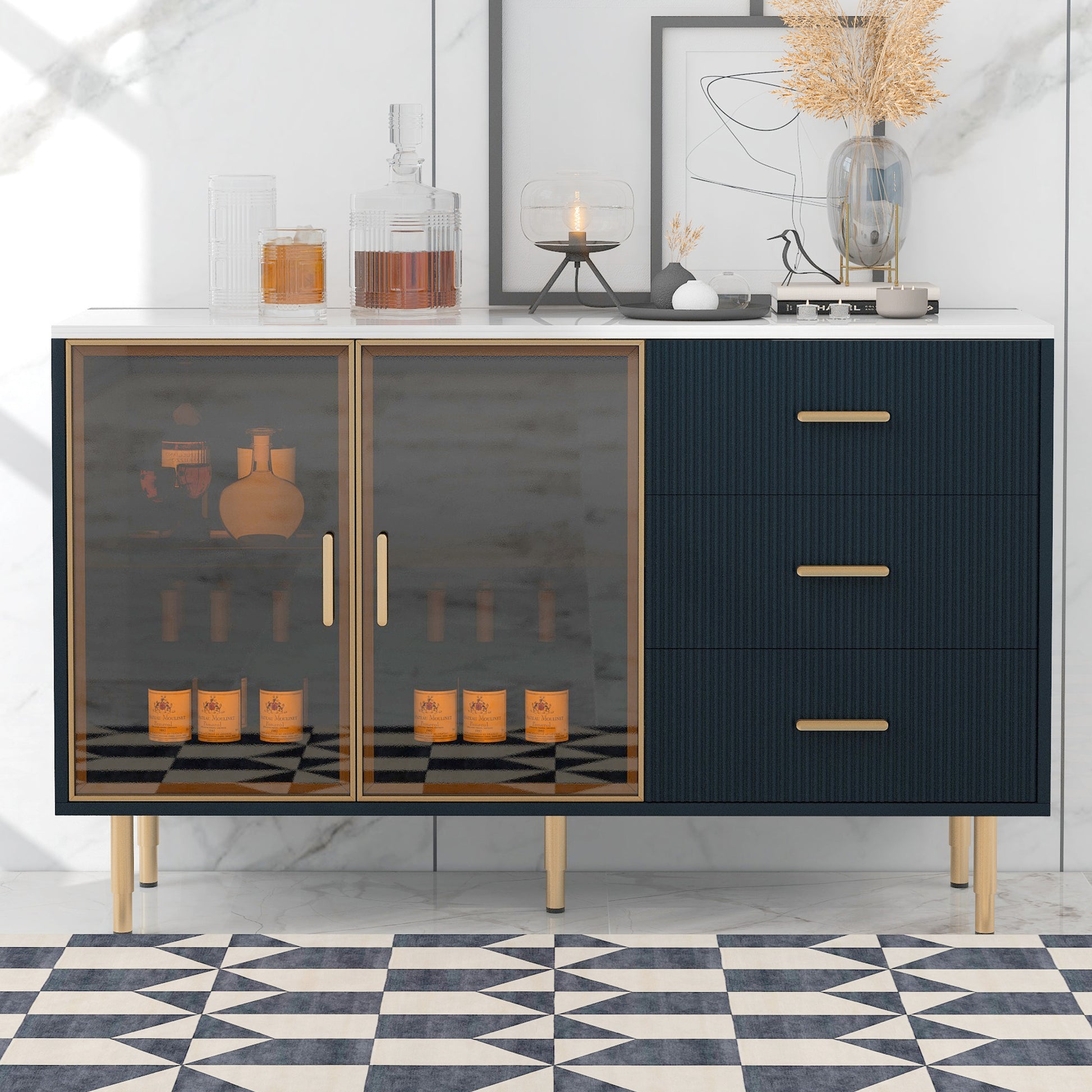 TREXM Modern Sideboard Cabinet Marble Sticker Tabletop and Amber-Yellow