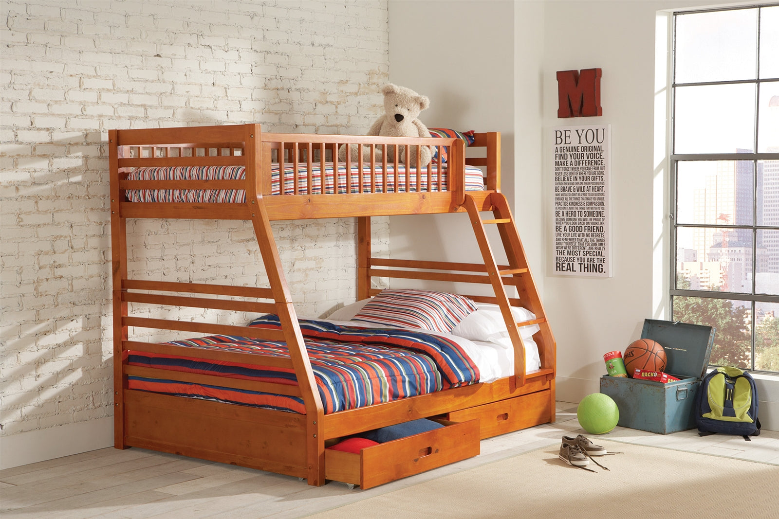 Rivers Twin over Full Bunk Bed with 2 Drawers and Attached Ladder - Natural Wood