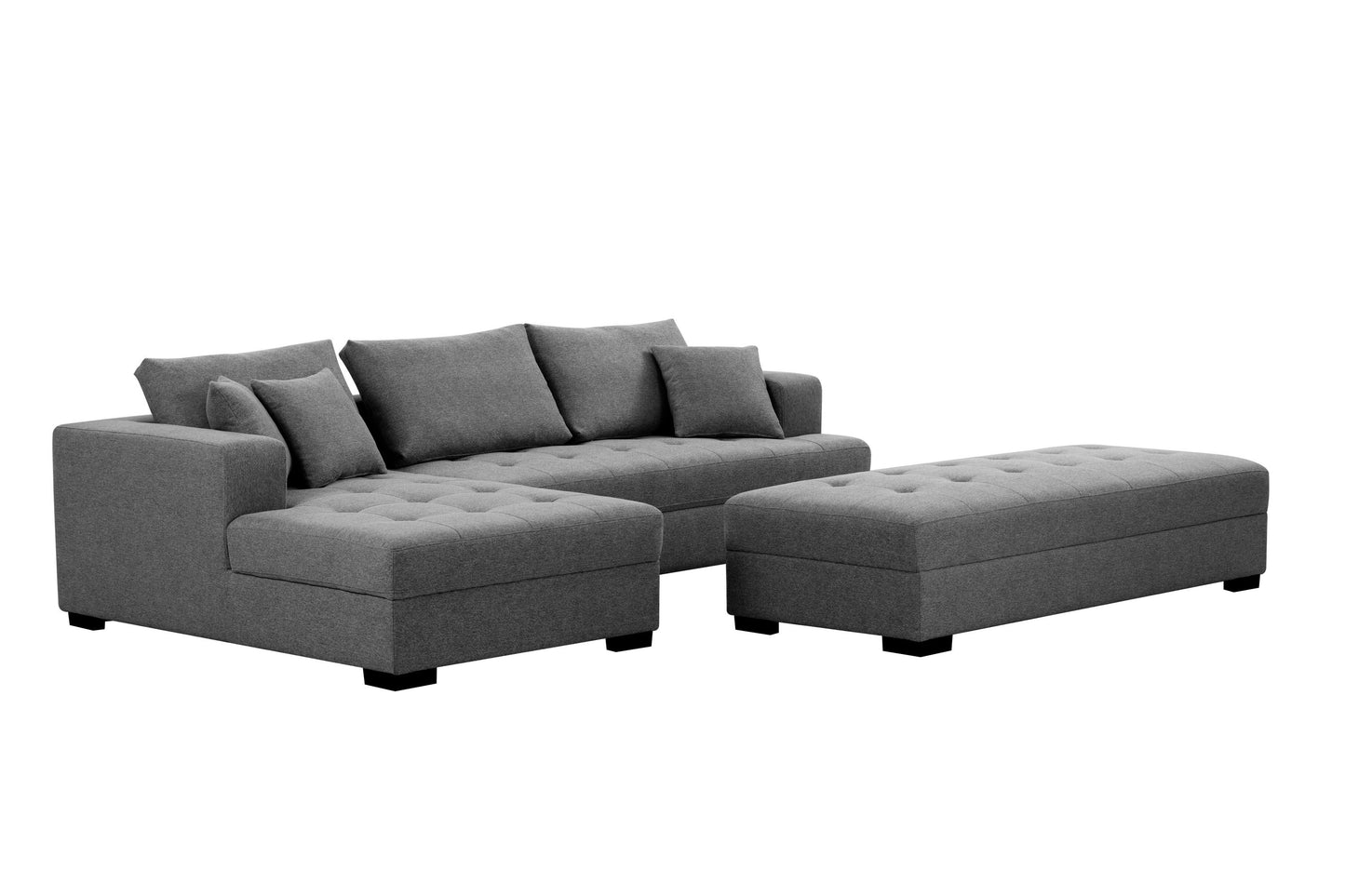 111'' Tufted Fabric 3-Seat L-Shape Sectional Sofa Couch Set w/Chaise Lounge, Ottoman Coffee Table Bench, Dark Grey