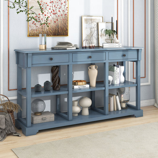 Transitional Console Table with 3 Drawers & Open Shelves - Teal