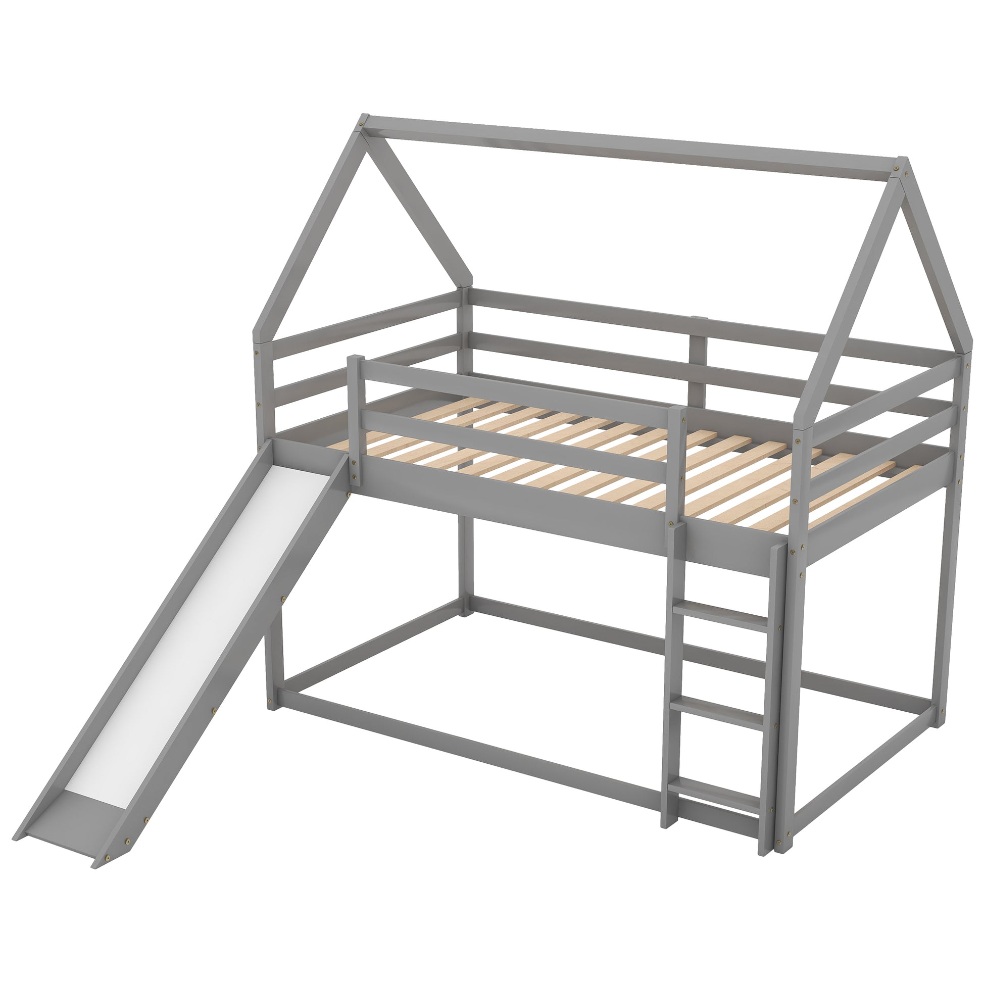 Twin Size Bunk House Bed with Slide and Ladder in Gray