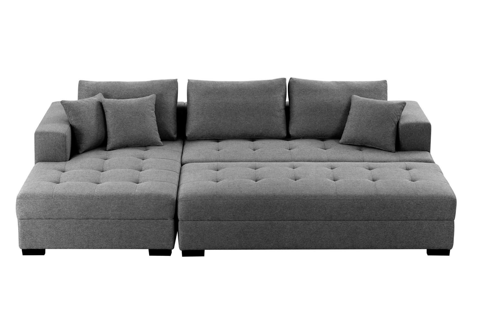 111'' Tufted Fabric 3-Seat L-Shape Sectional Sofa Couch Set w/Chaise Lounge, Ottoman Coffee Table Bench, Dark Grey