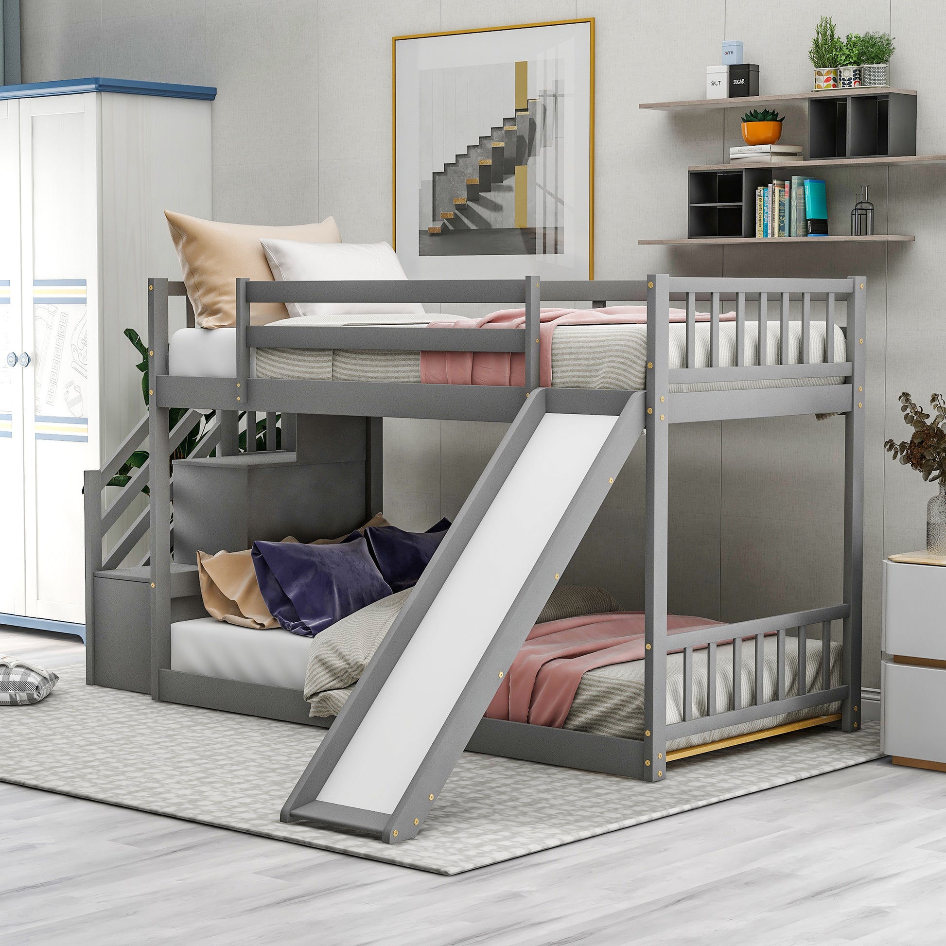 Twin over Twin Bunk Bed with Convertible Slide and Stairway, Gray