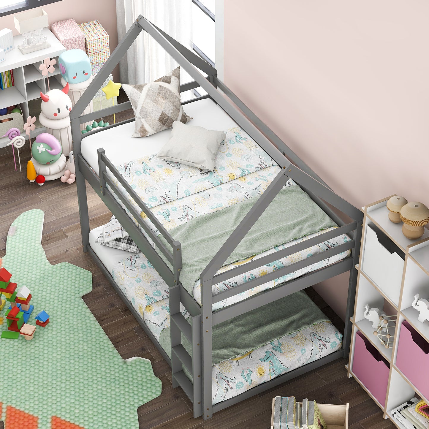 Twin over Twin Low Bunk Bed, House Bed with Ladder , Gray