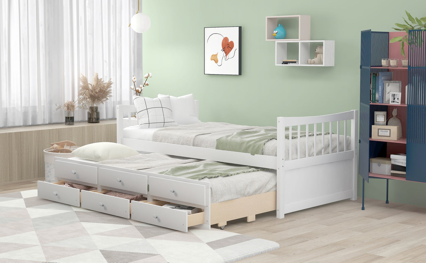 Homey Life Twin Daybed with Trundle & Storage - White