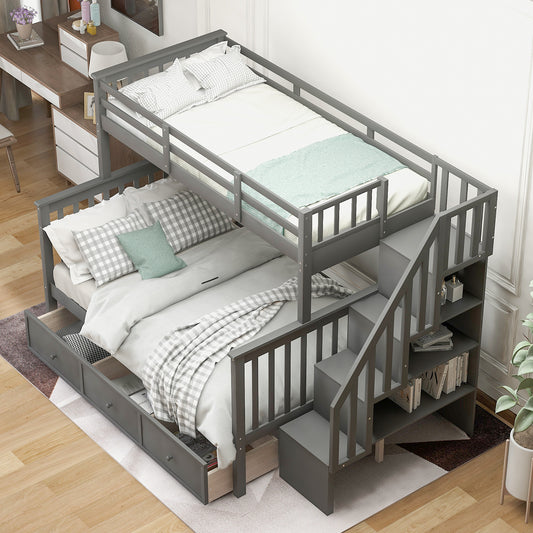 Homey Life Stairway Twin-Over-Full Bunk Bed with Drawer - Gray