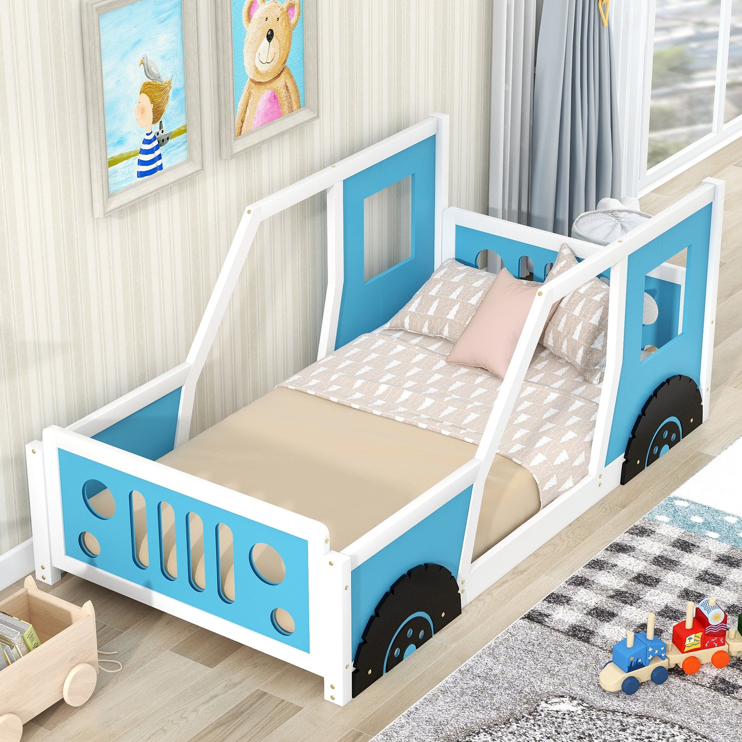 Twin Size Classic Car-Shaped Platform Bed with Wheels,Blue