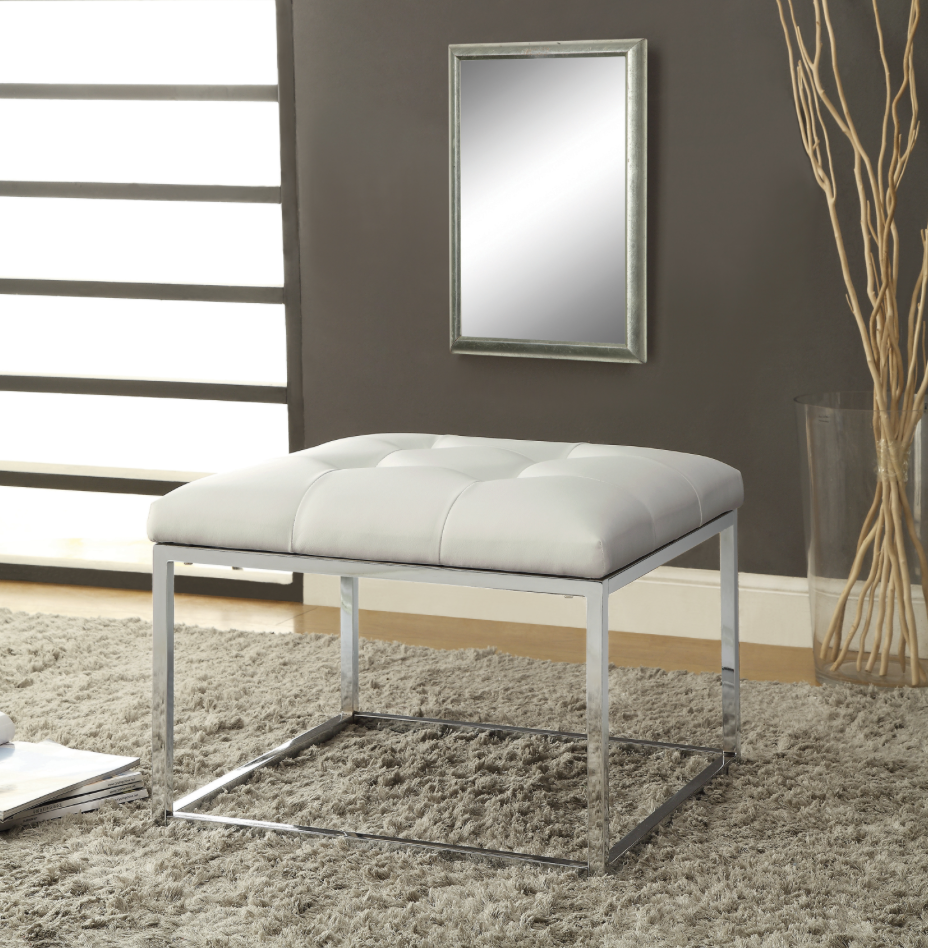 Upholstered Tufted Ottoman White And Chrome