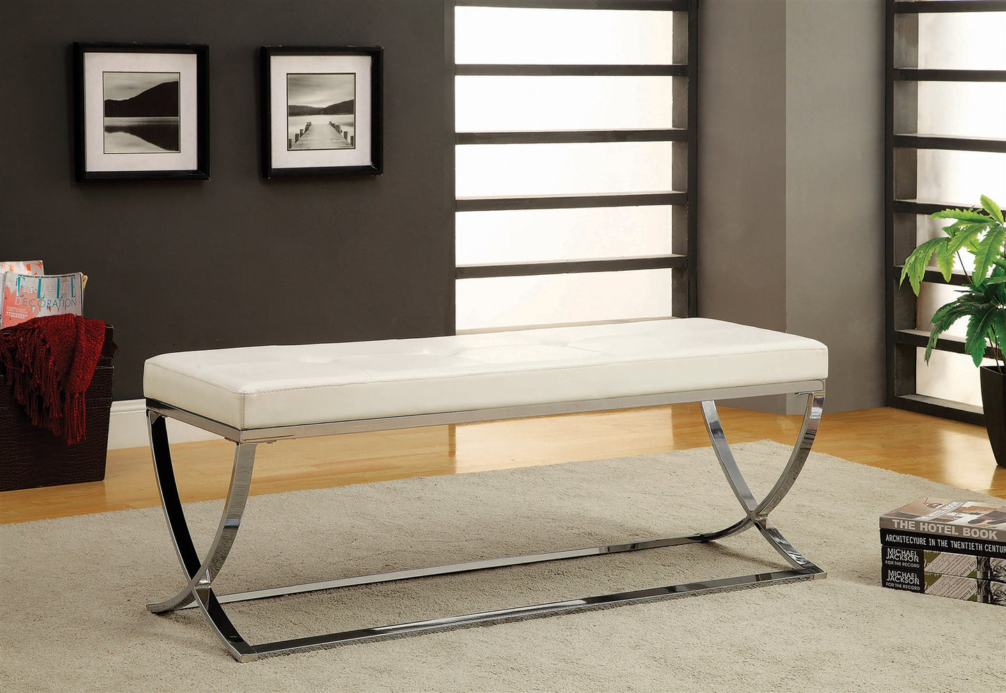 Contemporary Leatherette Bench W- Chrome Base in White