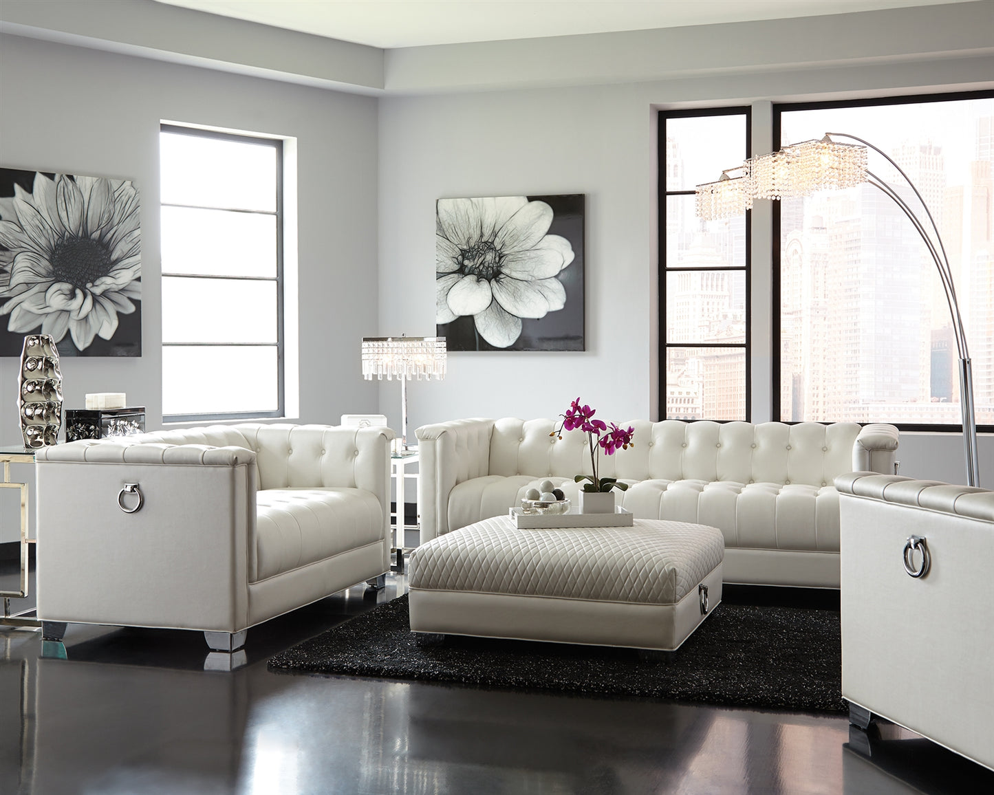 City Modern White Tufted Leatherette Sofa w- Chrome Feet