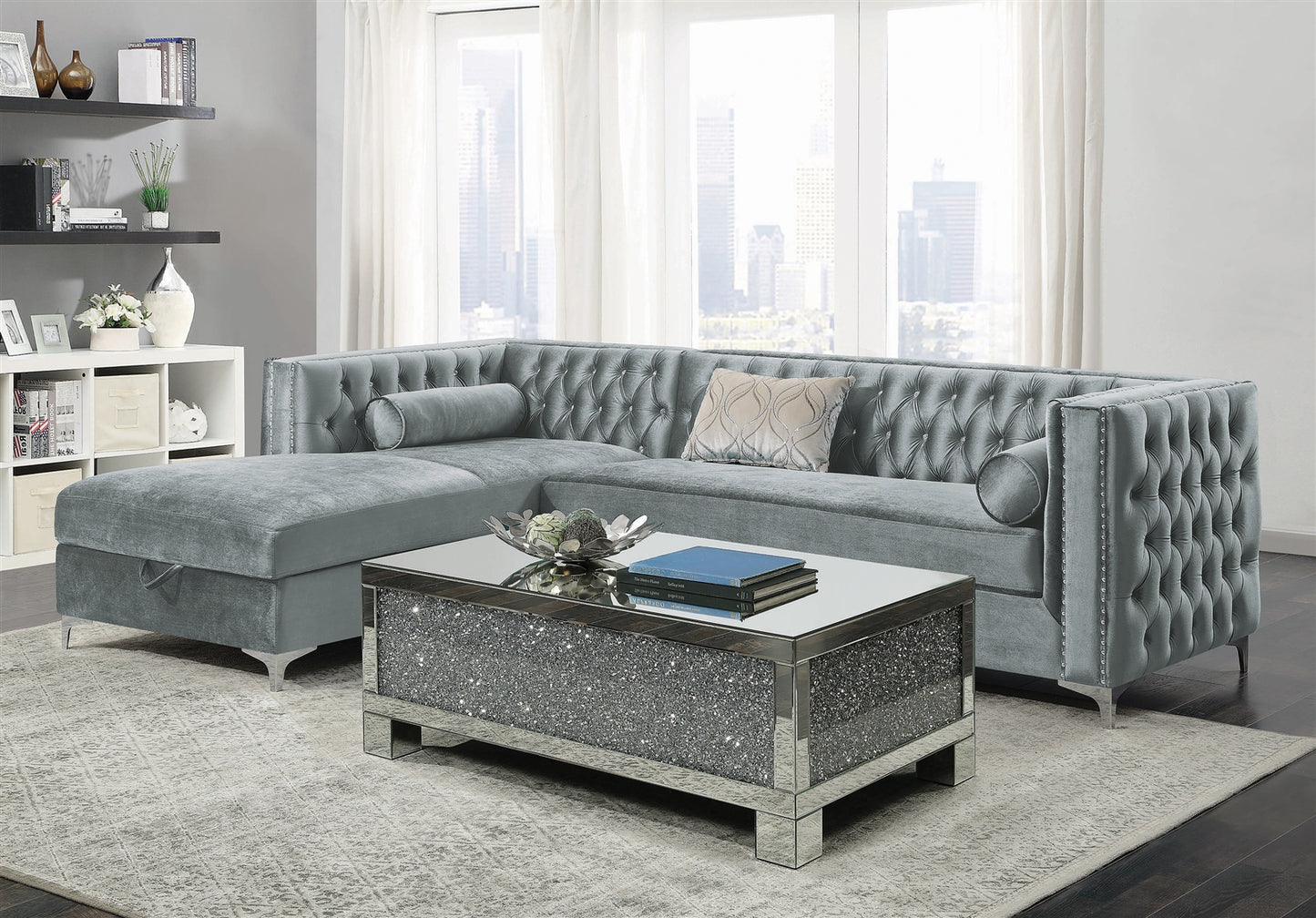The Nob Hill Transitional Velvet Sectional in Grey