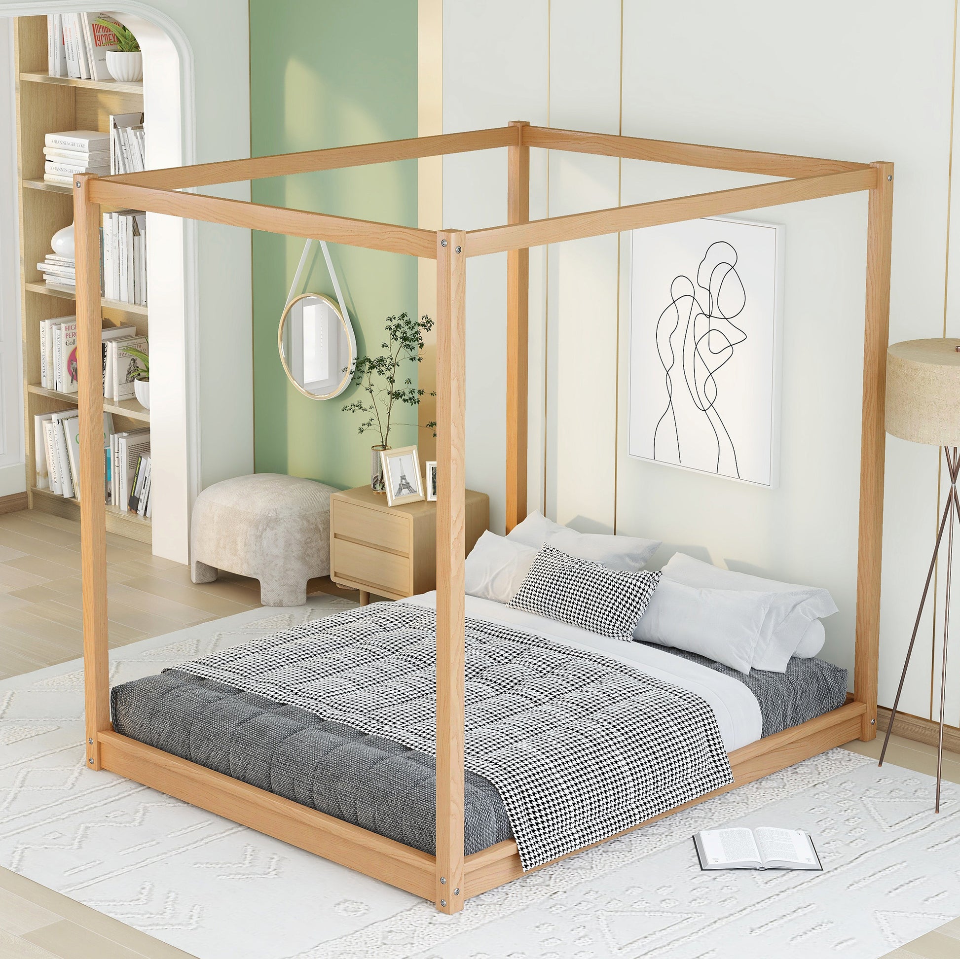 Queen Size Canopy Platform Bed with Support Legs,Natural