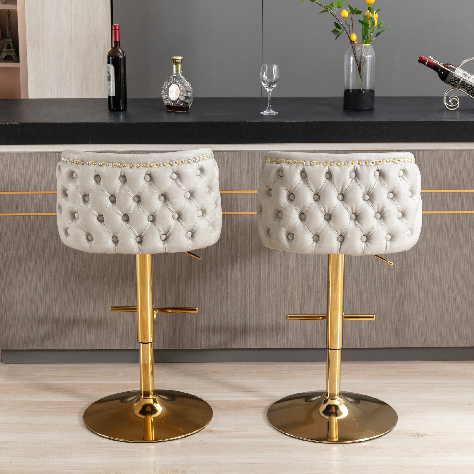 A&A Furniture Modern Swivel Bar Stools in White PU with Gold Base