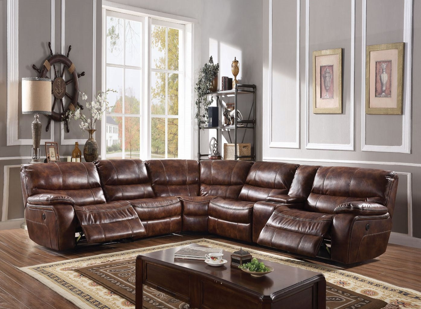 ACME Brax Sectional Sofa Power Motion - 52070 - 2-Tone Brown Leather Gel
