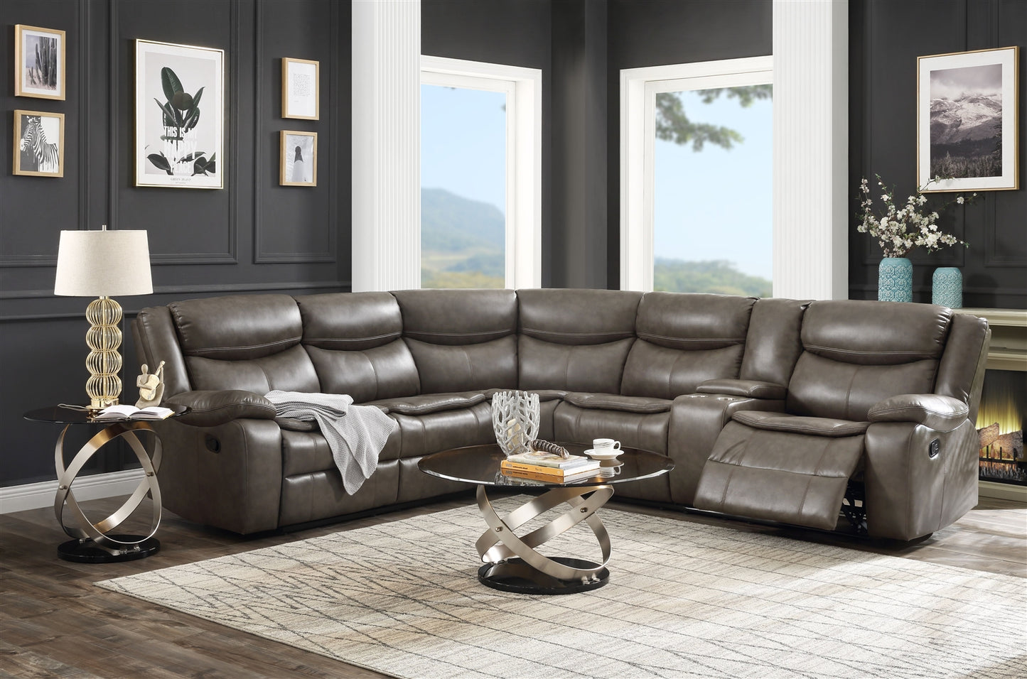 Tavin Motion Sectional in Taupe Leather Air