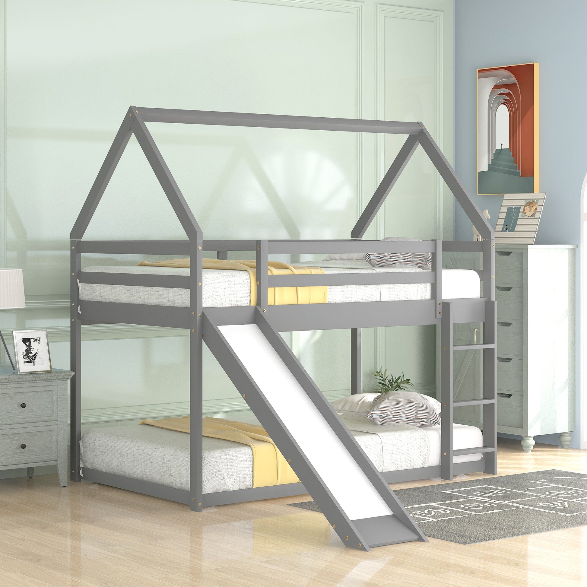 WM Store Twin Size Bunk House Bed with Slide and Ladder in Gray