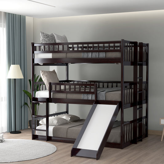 Full-Over-Full-Over-Full Triple Bunk Bed with Built-in Ladder and Slide