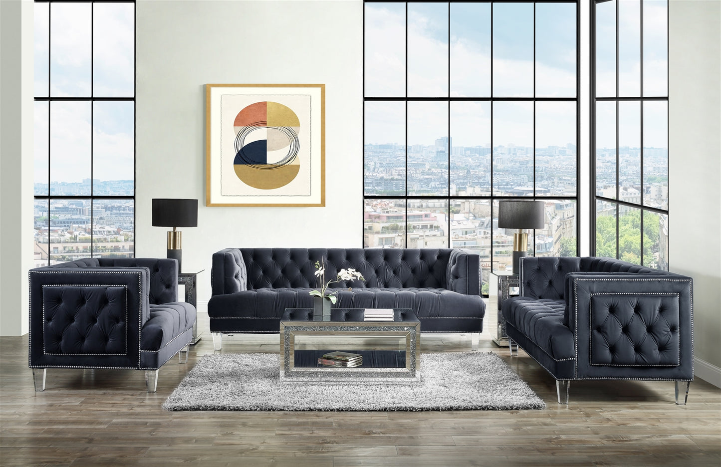 Ansario Modern Button Tufted Sofa in Black Velvet