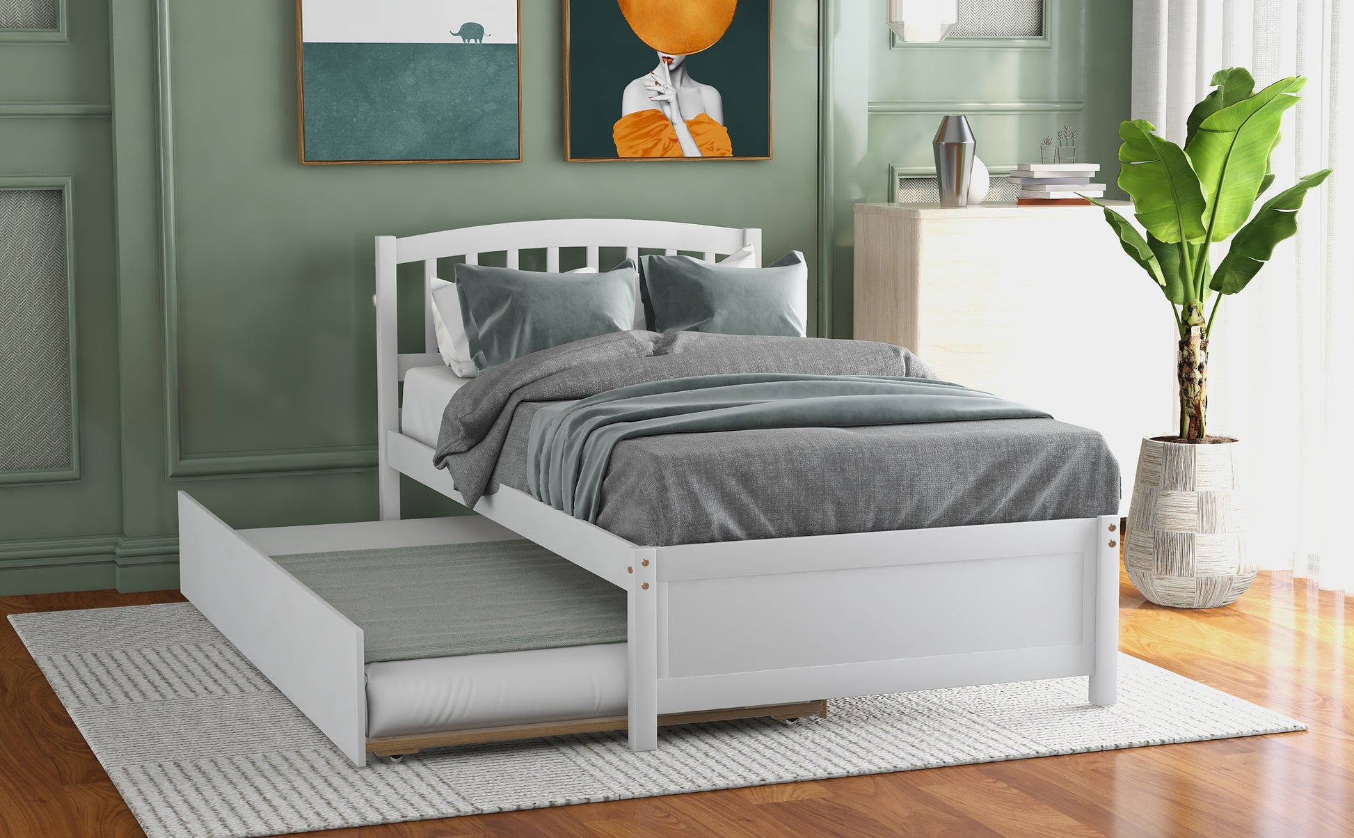Twin size Platform Bed Wood Bed Frame with Trundle, White
