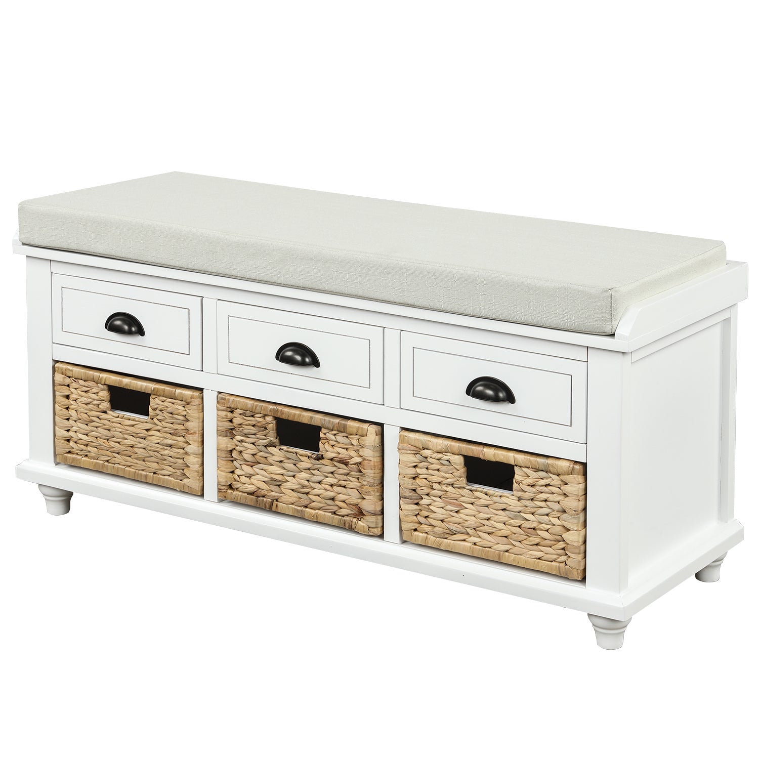 TREXM Rustic Storage Bench with 3 Drawers and 3 Rattan Baskets - White