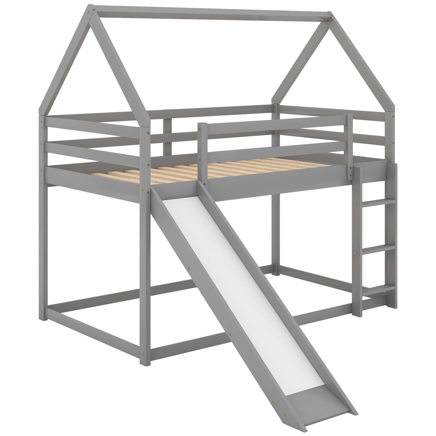 WM Store Twin Size Bunk House Bed with Slide and Ladder in Gray