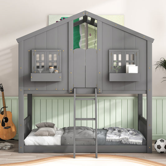 Inspirit Twin over Twin House Bunk Bed with Roof - Gray