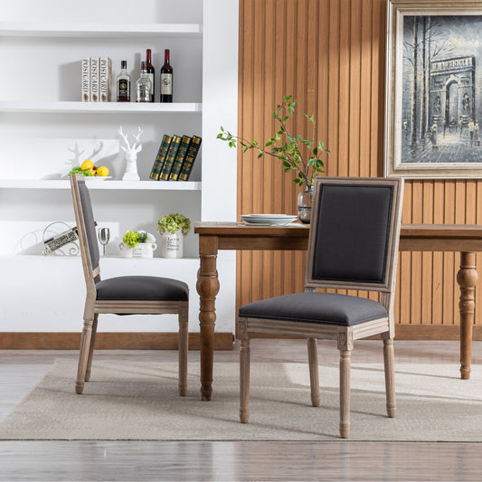 WeeHaa French Style Solid Wood Frame Antique Linen Fabric Square Back Dining Chair Set of 2