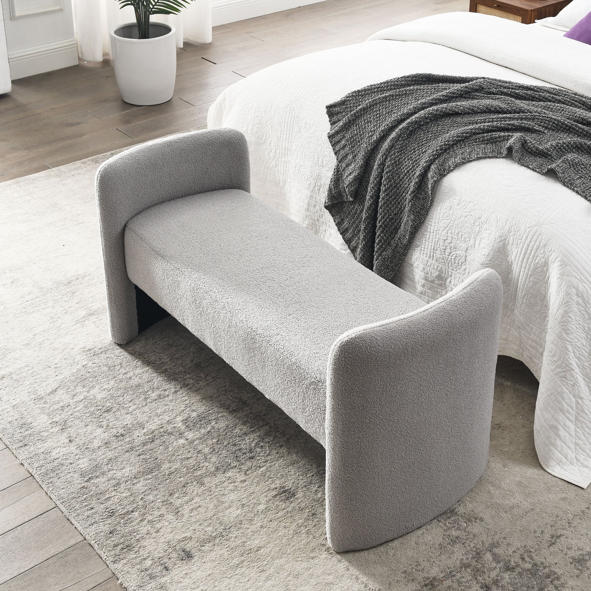 Welike 52" Teddy Fabric Upholstered Bedroom Bench - Gray