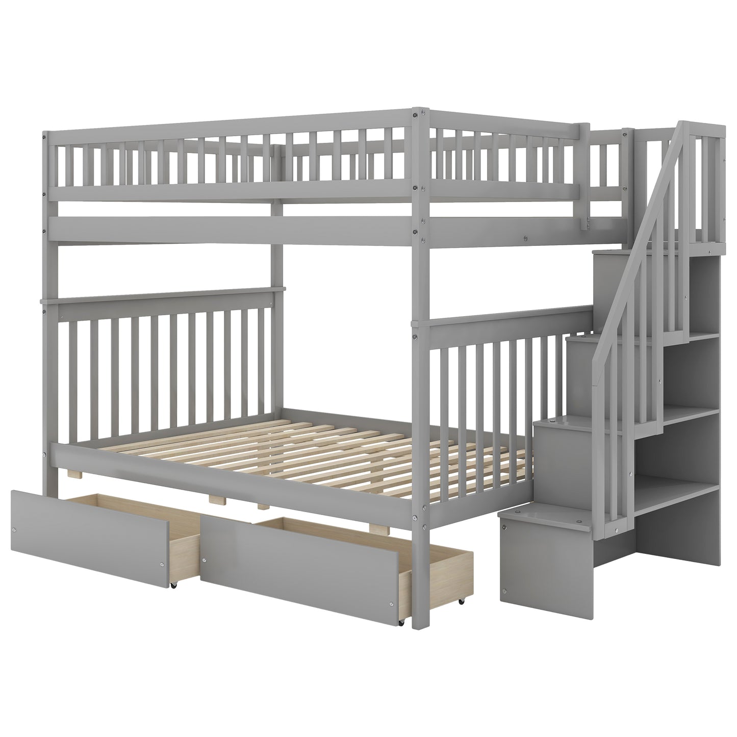 WM Store Full over Full Bunk Bed with Two Drawers and Storage, Gray