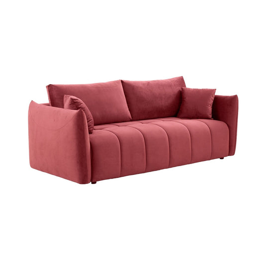 Modern Channel Tufted Wine Red Velvet Sofa