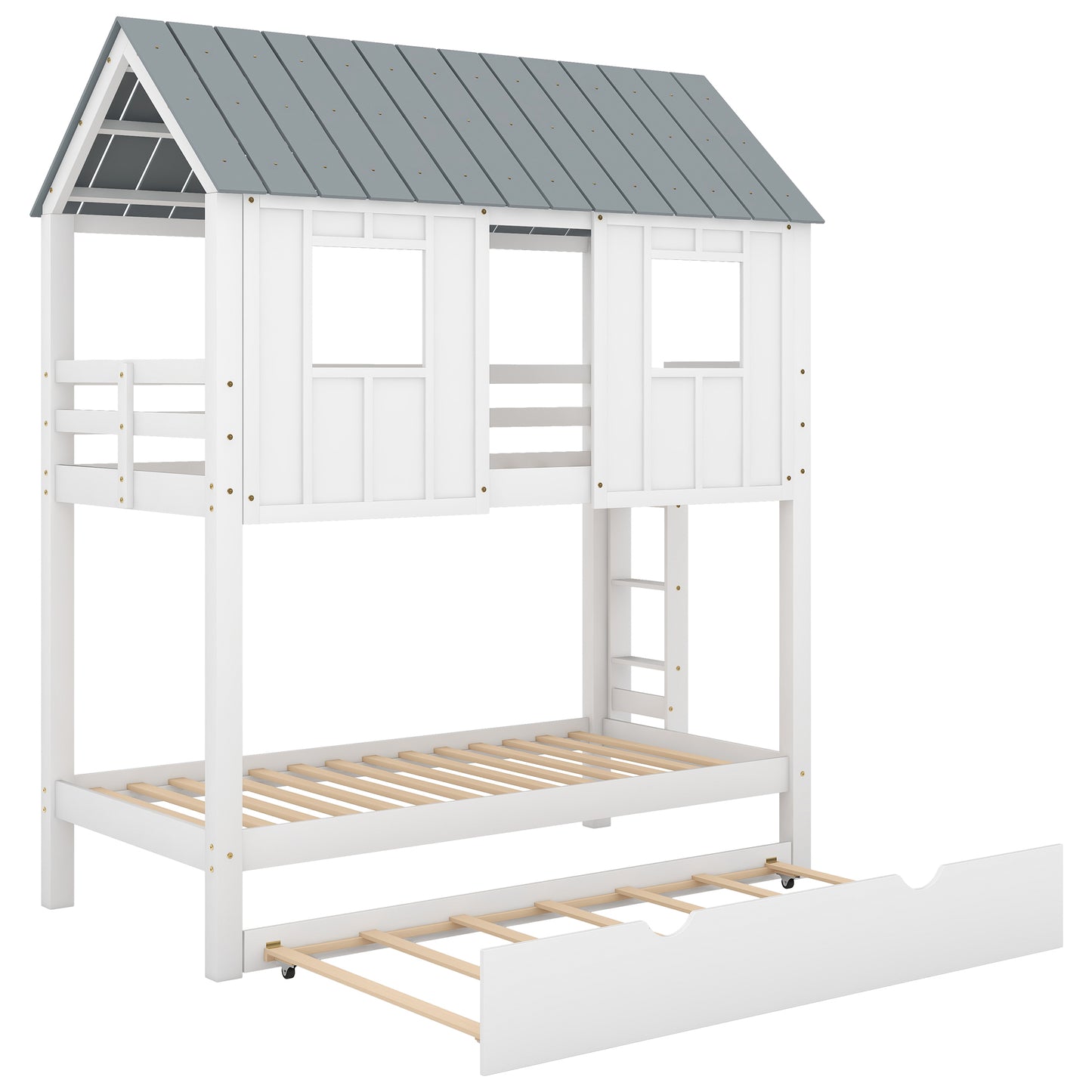 House Bunk Bed with Trundle,Roof and Windows,White