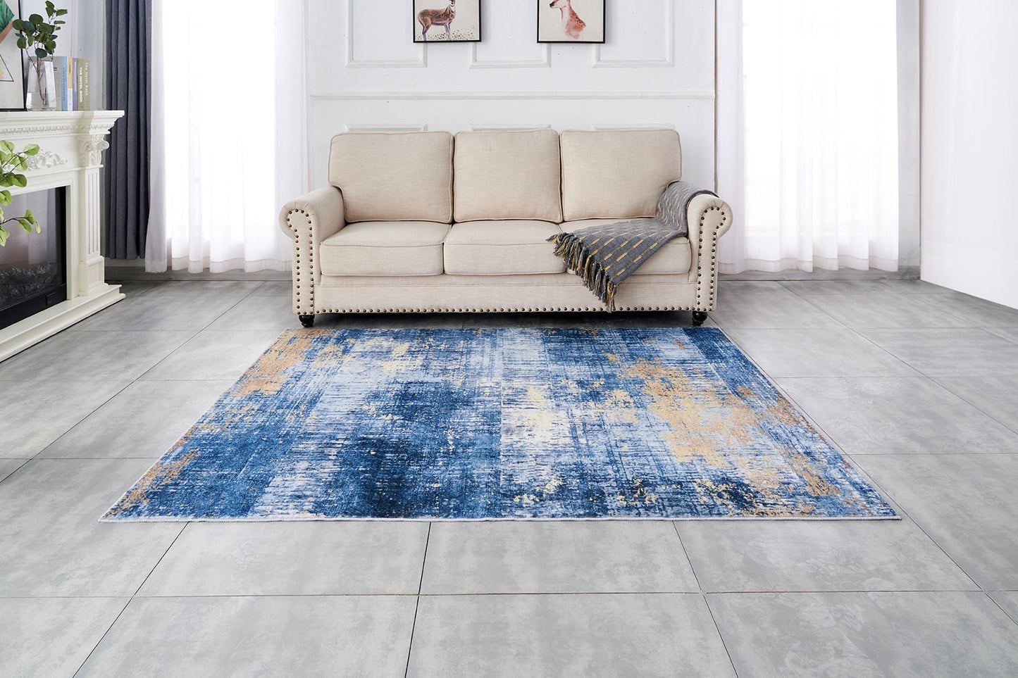 ZARA Collection Abstract Design Blue Gold Machine Washable Super Soft Area Rug