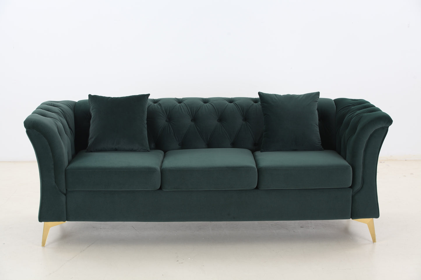 Modern Tufted Chesterfield Sofa in Green Velvet with Gold Legs