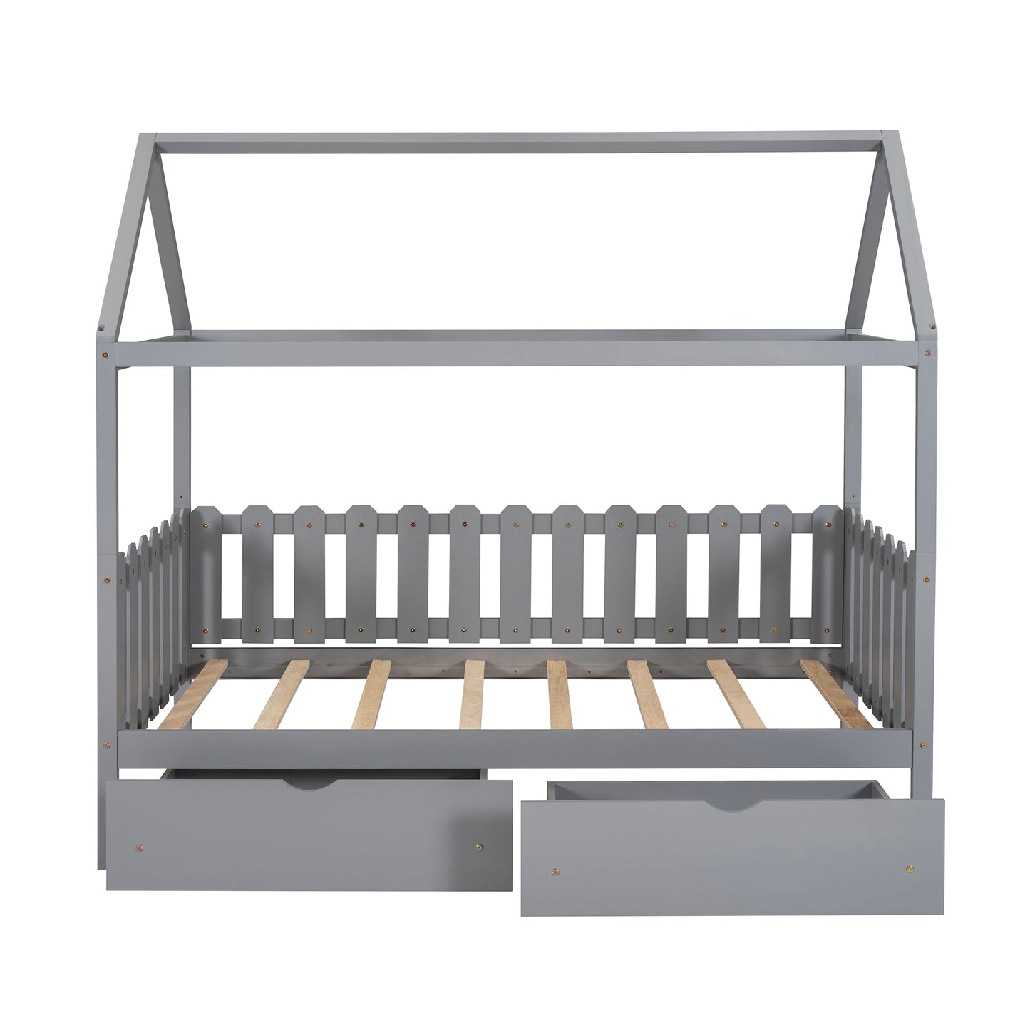 Twin Size House Bed with drawers, Fence-shaped Guardrail, Gray