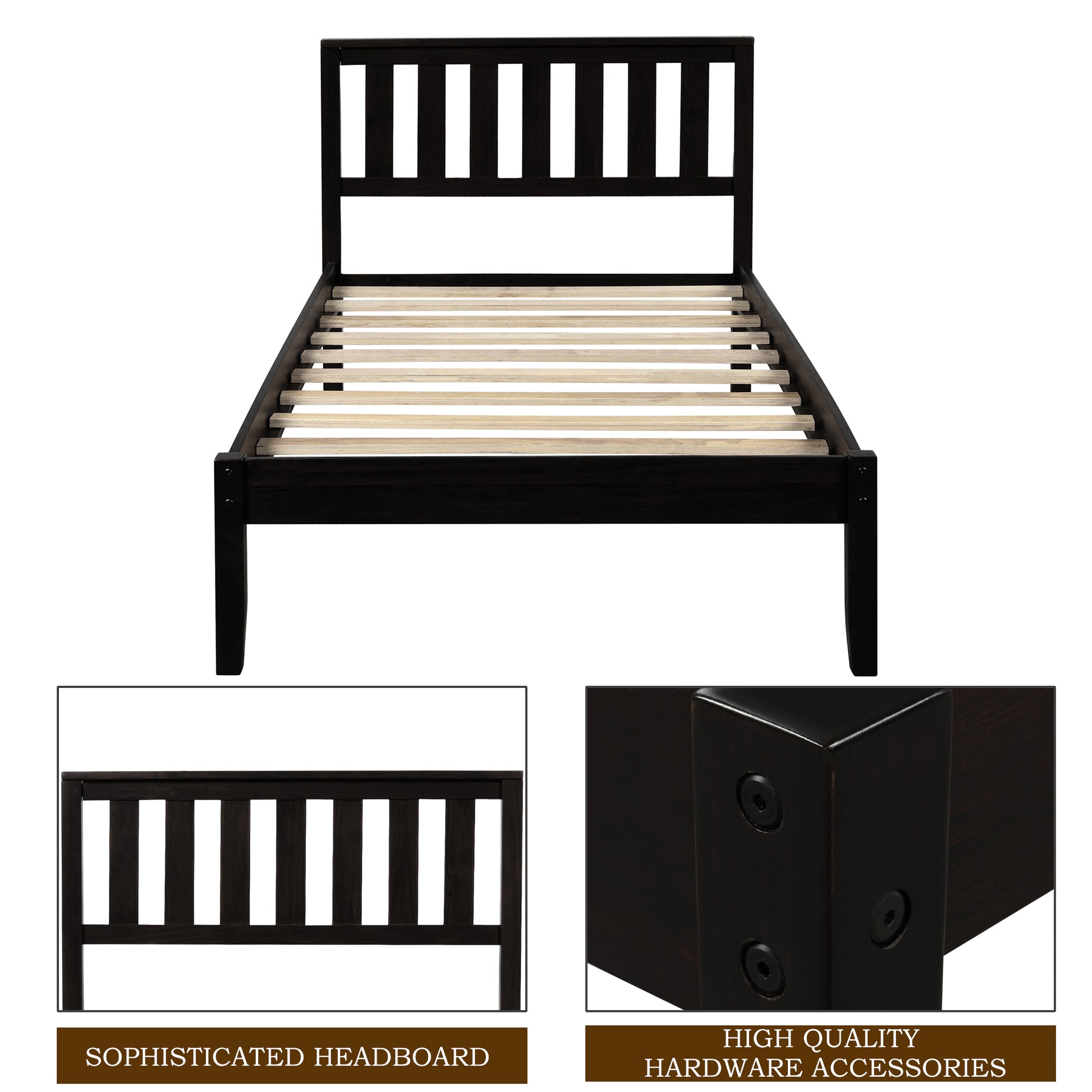 Wood Platform Bed with Headboard/Wood Slat Support,Twin Espresso